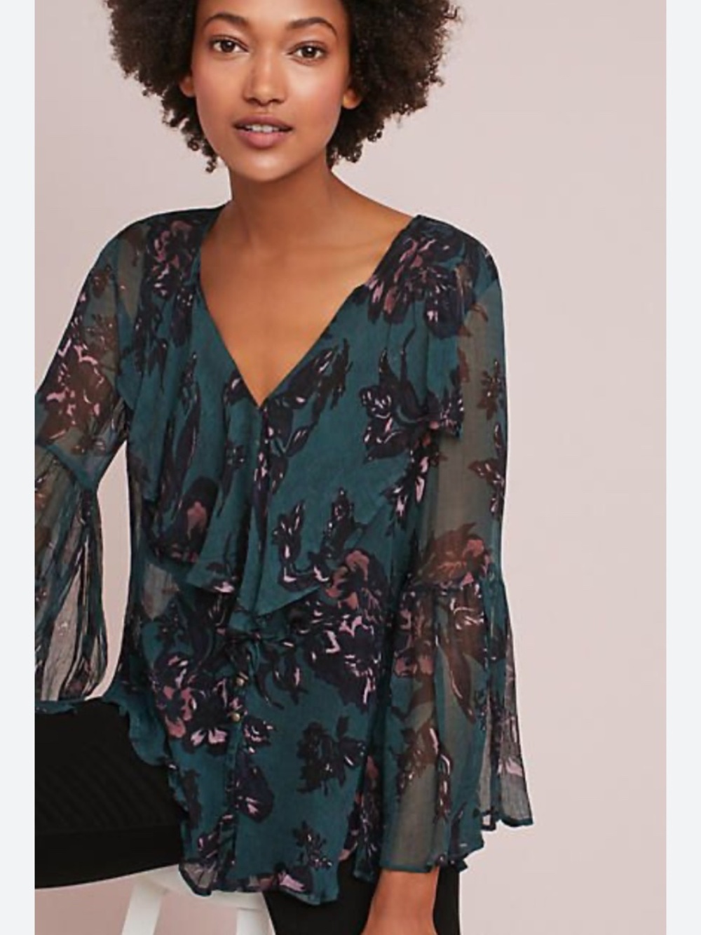Anthropologie Feather Bone V-Neck Semi Sheer Blouse Button Up S